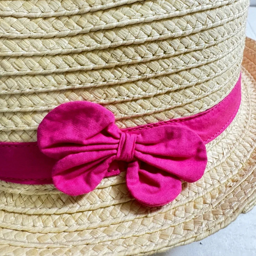 Y2K Chic Gymboree Girls Straw Fedora Hat‎ Pink Bow Tan Paper Sun Hat Size L BOHO